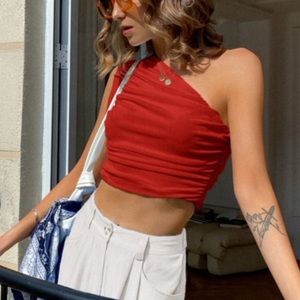 One shoulder red ruched top